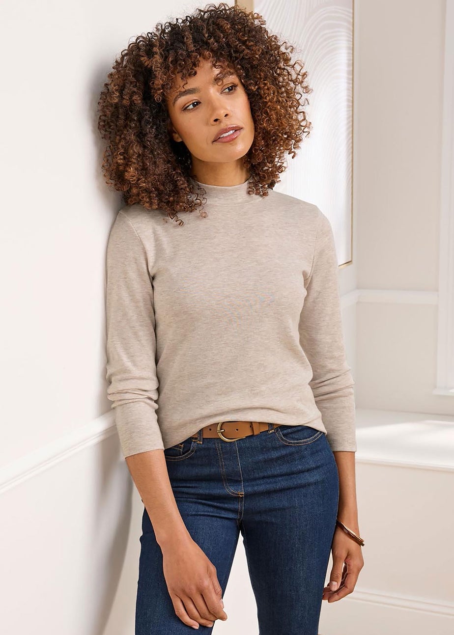 Cotton Traders Beige Marl Wrinkle Free Long Sleeve Turtleneck Top