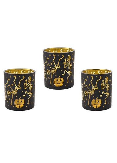 Hocus Pocus Black & Gold Skeleton Tea Light Holders Set of 3