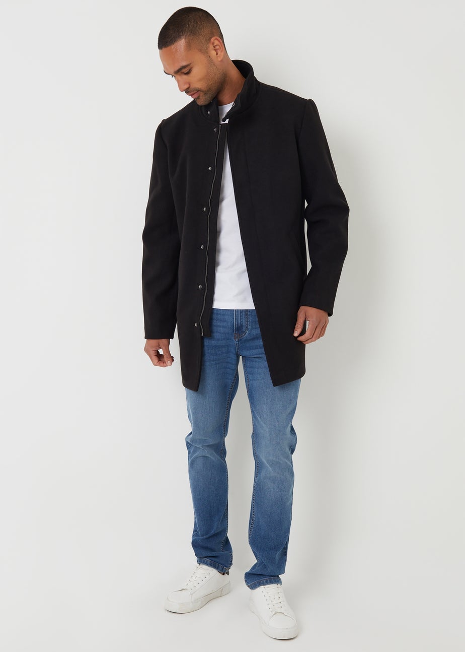 Threadbare Black Longline Faux Wool Funnel Neck Coat