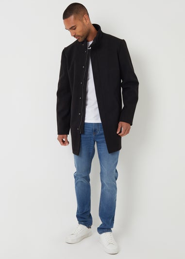 Threadbare Black Longline Faux Wool Funnel Neck Coat