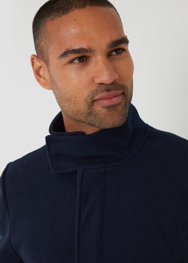 Threadbare Navy Longline Faux Wool Funnel Neck Coat