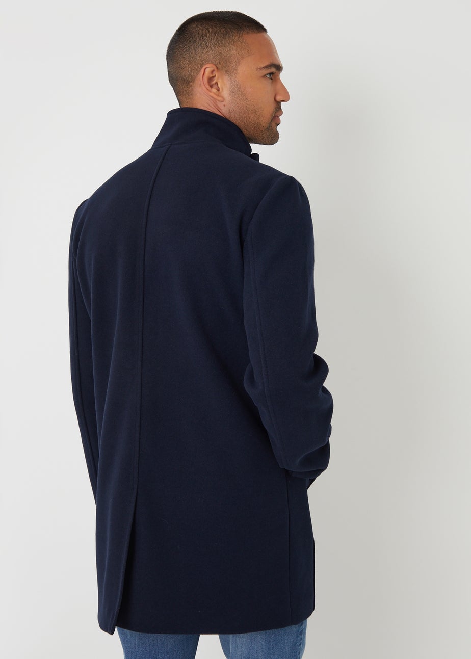 Threadbare Navy Longline Faux Wool Funnel Neck Coat