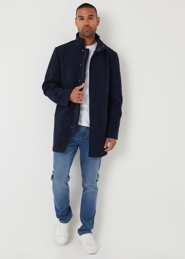 Threadbare Navy Longline Faux Wool Funnel Neck Coat