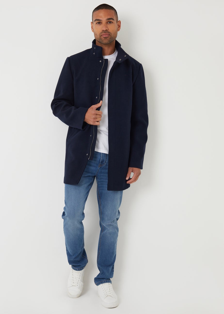 Threadbare Navy Longline Faux Wool Funnel Neck Coat