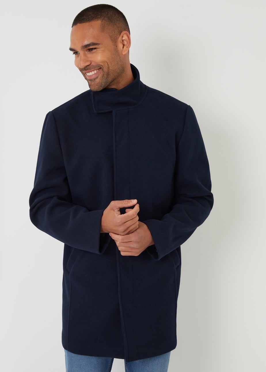 Threadbare Navy Longline Faux Wool Funnel Neck Coat