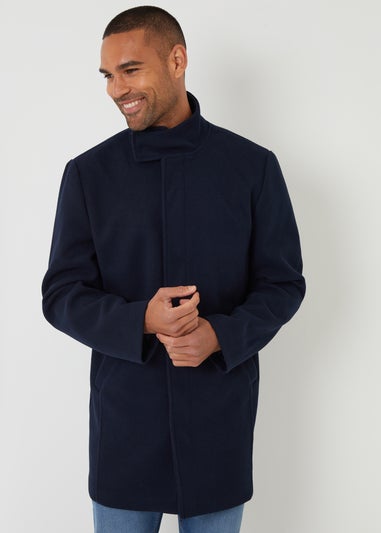 Threadbare Navy Longline Faux Wool Funnel Neck Coat
