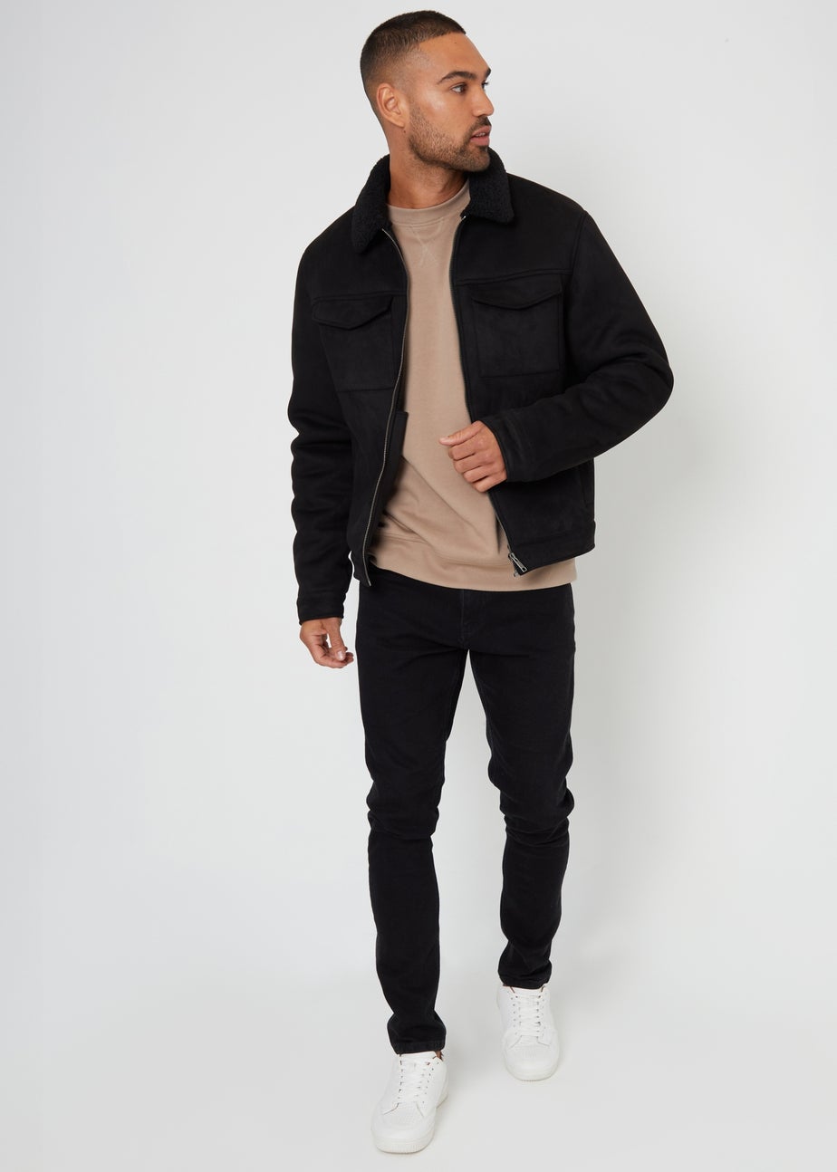 Threadbare Black Faux Suede Borg Lined Aviator Jacket
