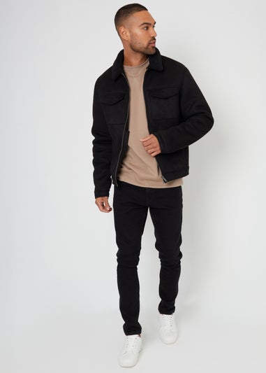 Threadbare Black Faux Suede Borg Lined Aviator Jacket