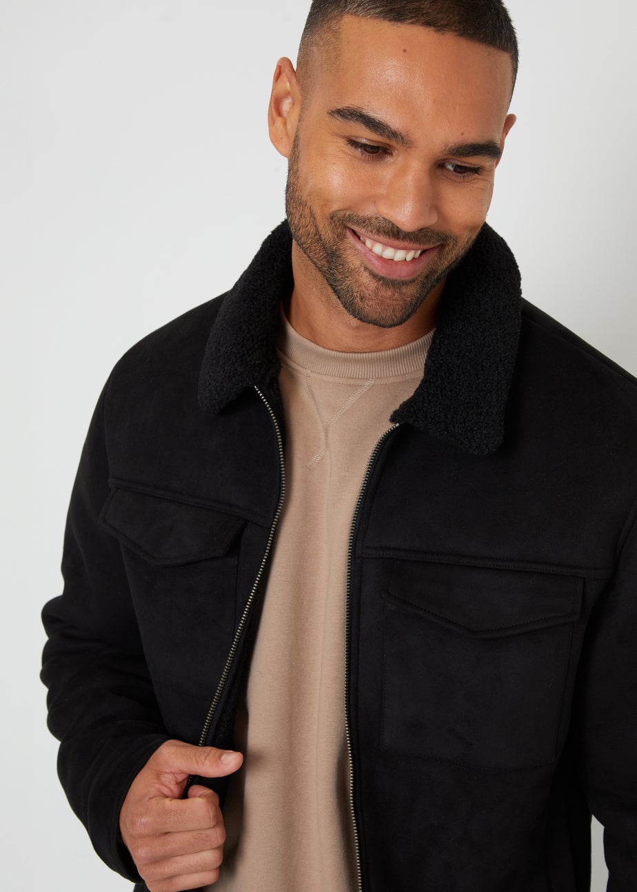 Threadbare Black Faux Suede Borg Lined Aviator Jacket