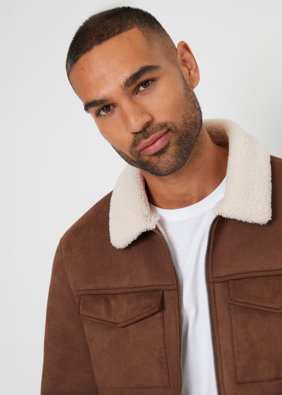 Threadbare Taupe Faux Suede Borg Lined Aviator Jacket