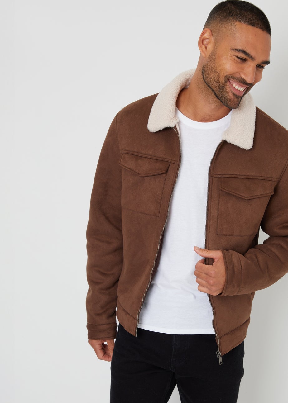 Threadbare Taupe Faux Suede Borg Lined Aviator Jacket
