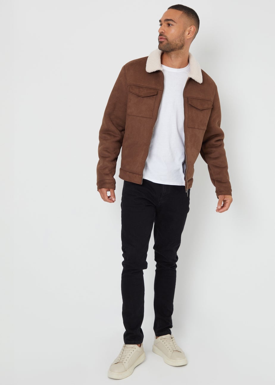 Threadbare Taupe Faux Suede Borg Lined Aviator Jacket