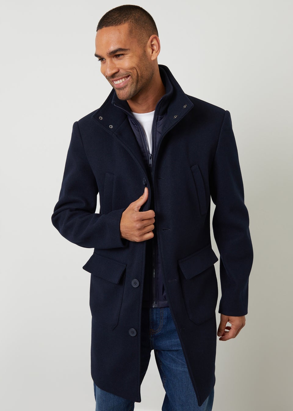 Threadbare Navy Faux Wool Mock Layer Longline Utility Coat