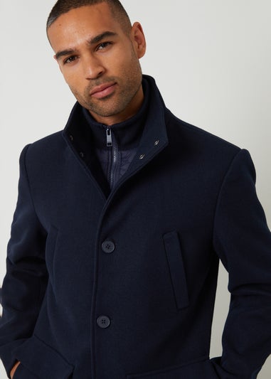 Threadbare Navy Faux Wool Mock Layer Longline Utility Coat