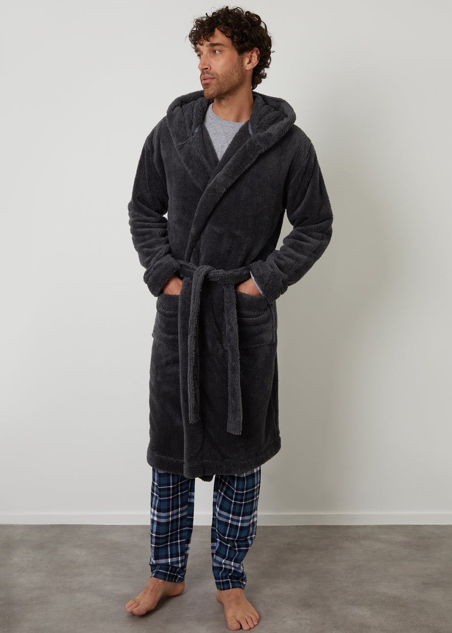 Threadbare Charcoal Borg Hooded Dressing Gown