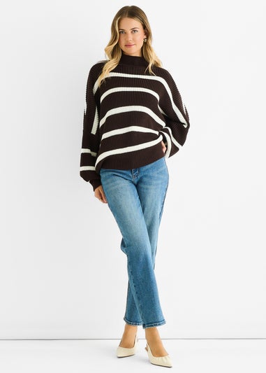 Gini London Chocolate Chunky Knit High Neck Jumper