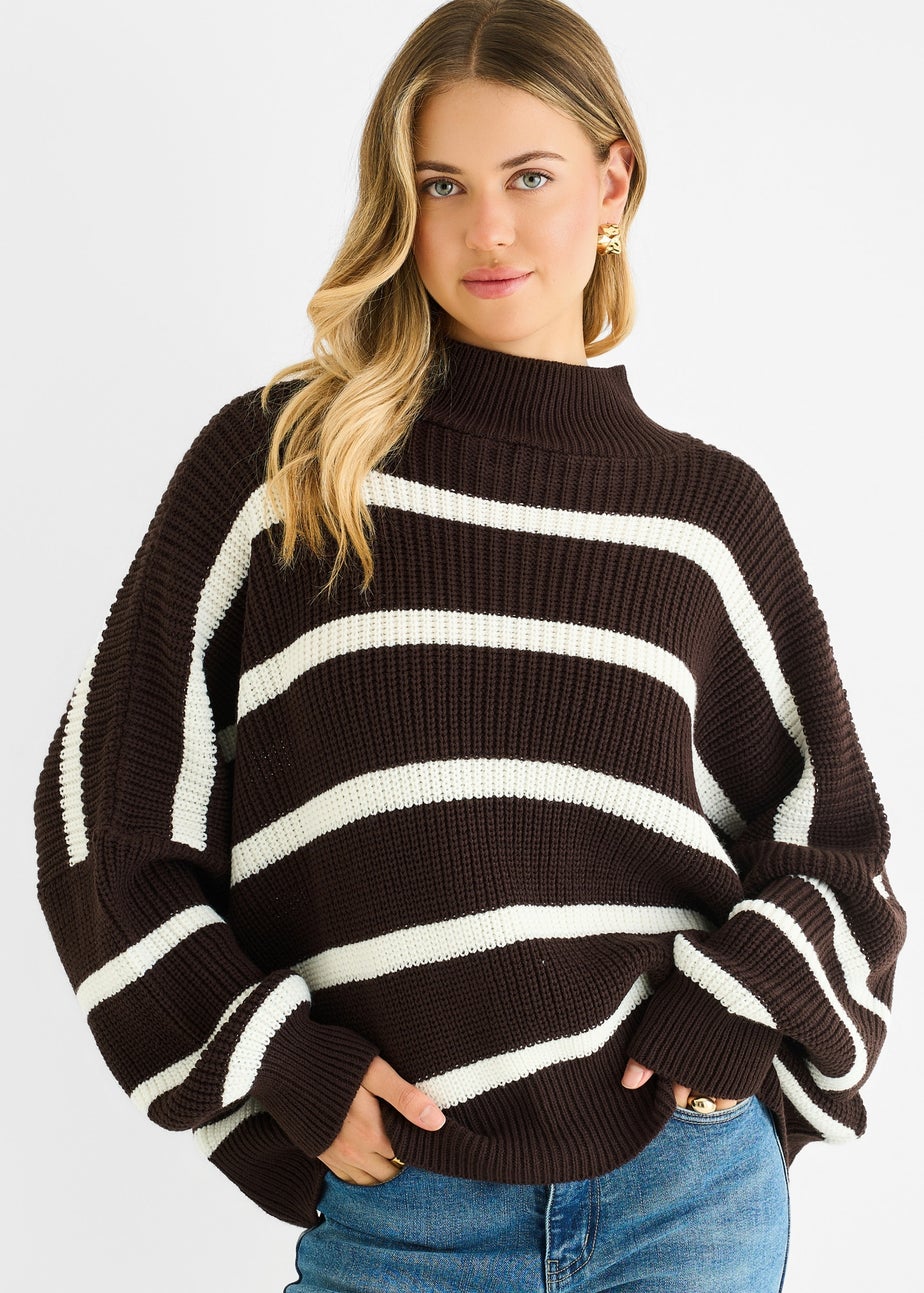 Gini London Chocolate Chunky Knit High Neck Jumper