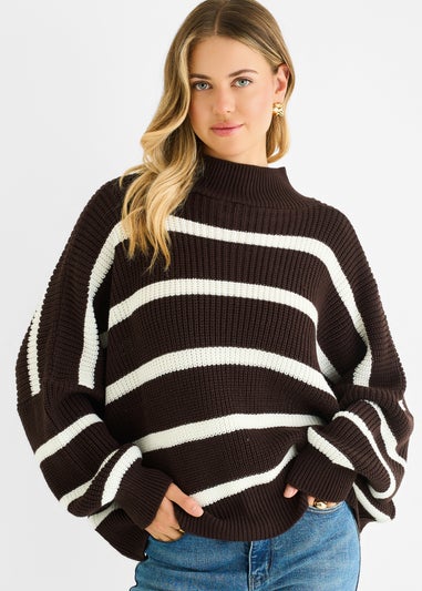 Gini London Chocolate Chunky Knit High Neck Jumper