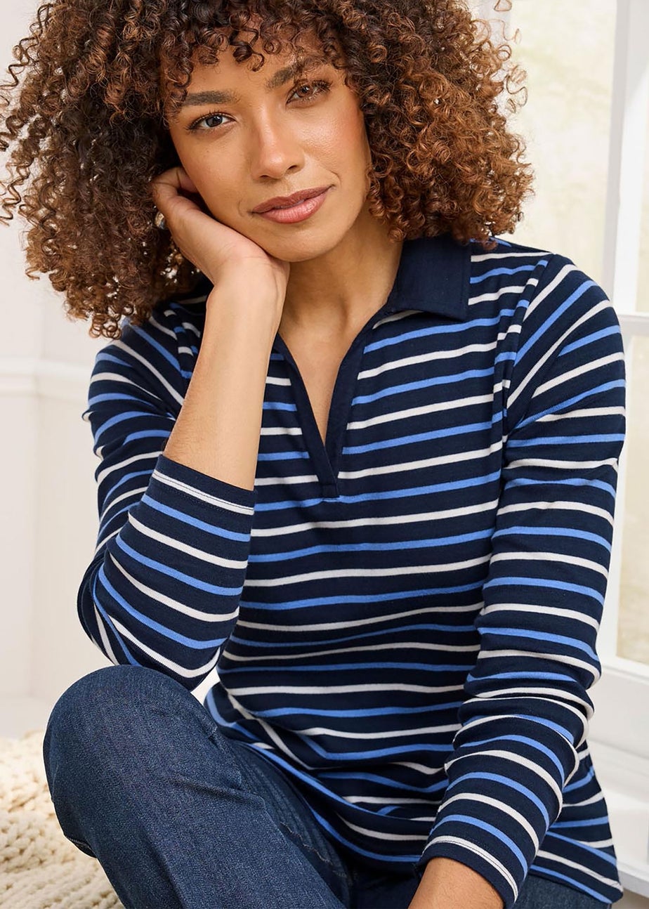 Cotton Traders Navy Wrinkle Free Stripe Long Sleeve Polo Top
