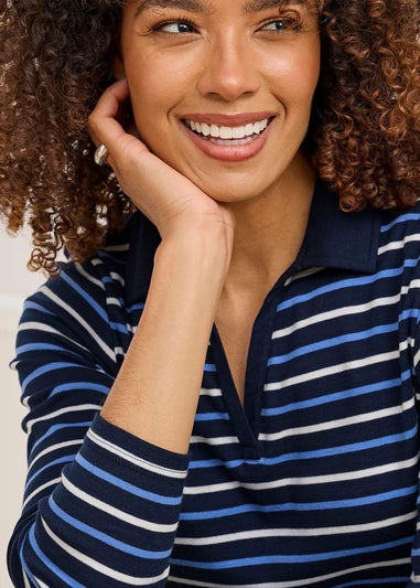 Cotton Traders Navy Wrinkle Free Stripe Long Sleeve Polo Top