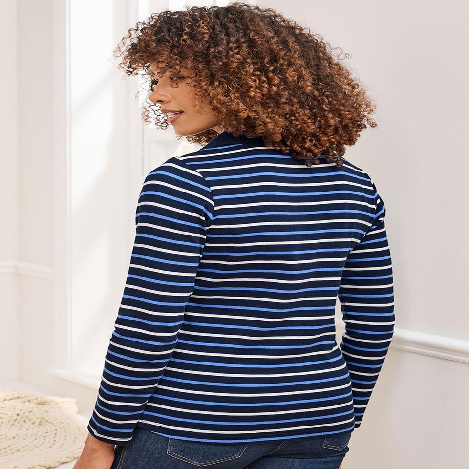 Cotton Traders Navy Wrinkle Free Stripe Long Sleeve Polo Top