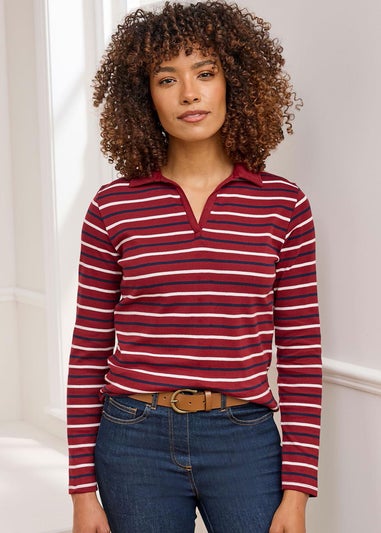 Cotton Traders Rusty Red Wrinkle Free Stripe Long Sleeve Polo Top