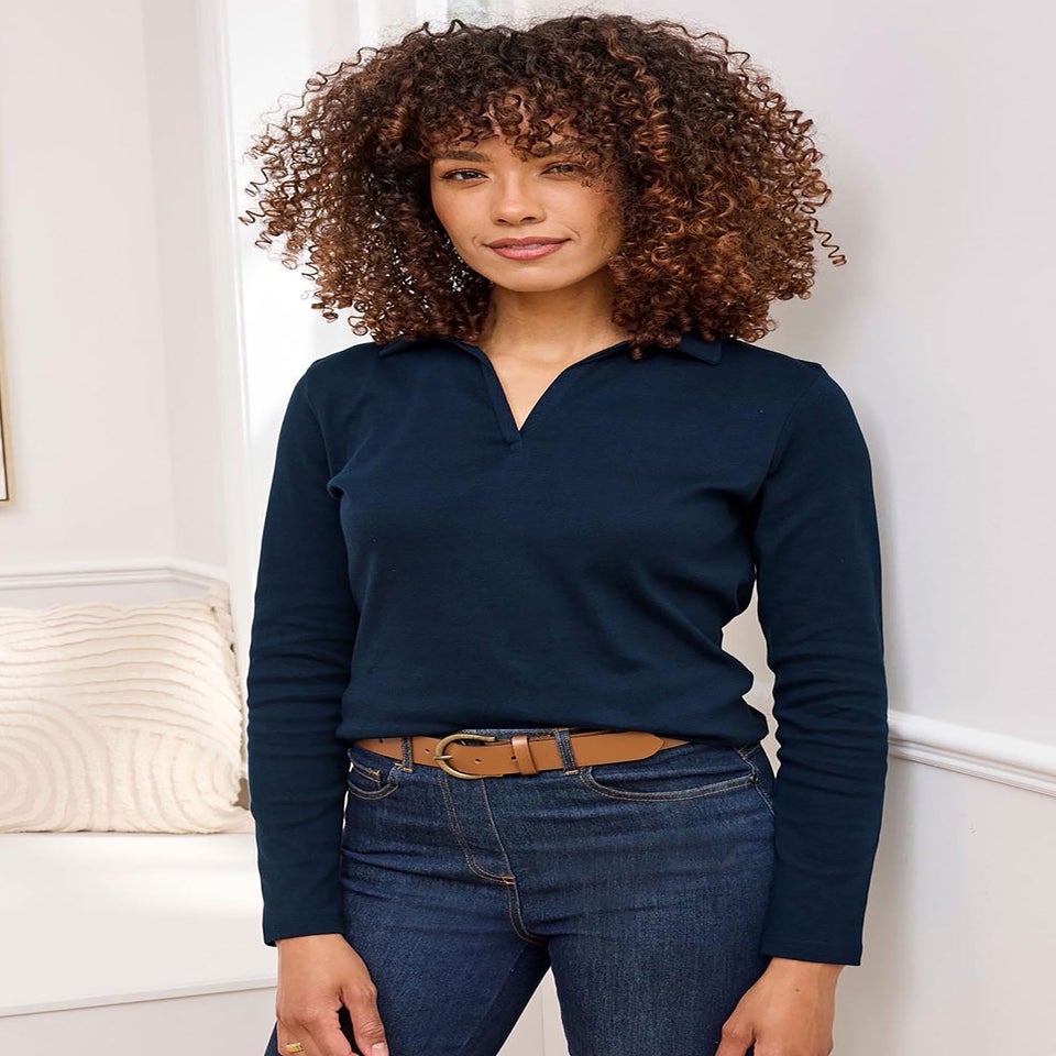 Cotton Traders Navy Wrinkle Free Long Sleeve Polo Top