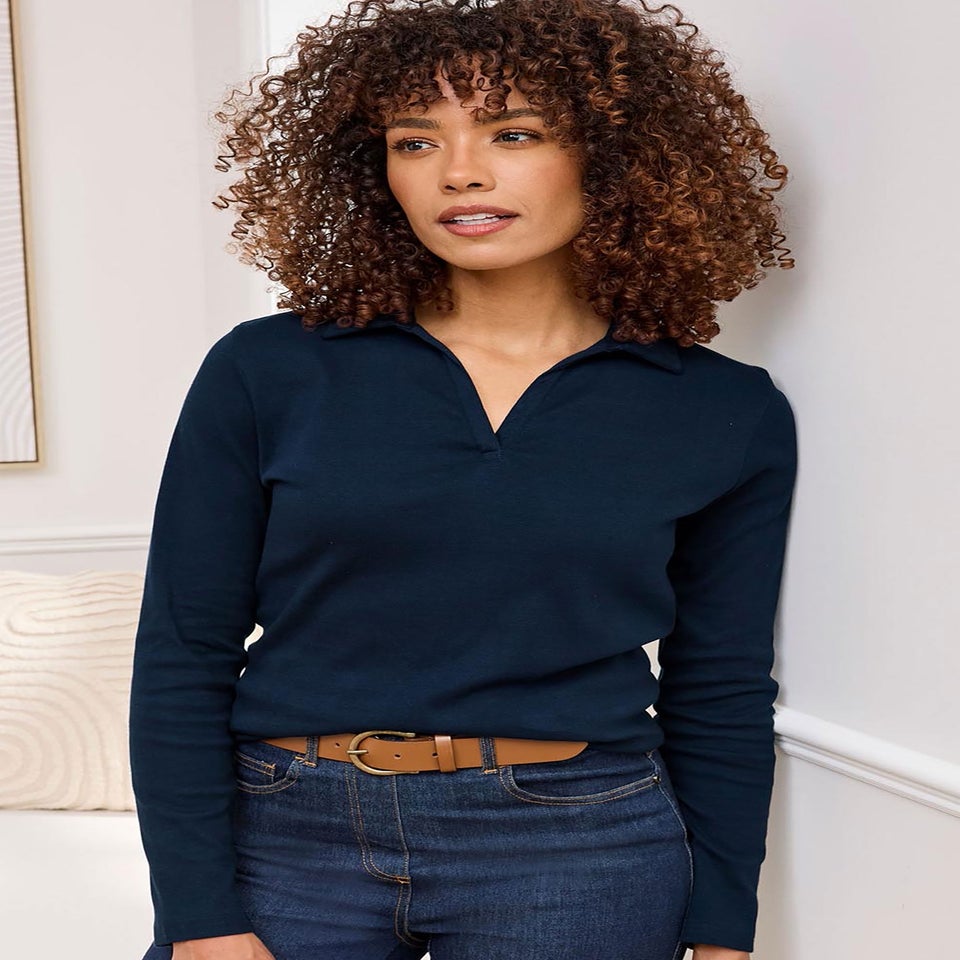 Cotton Traders Navy Wrinkle Free Long Sleeve Polo Top