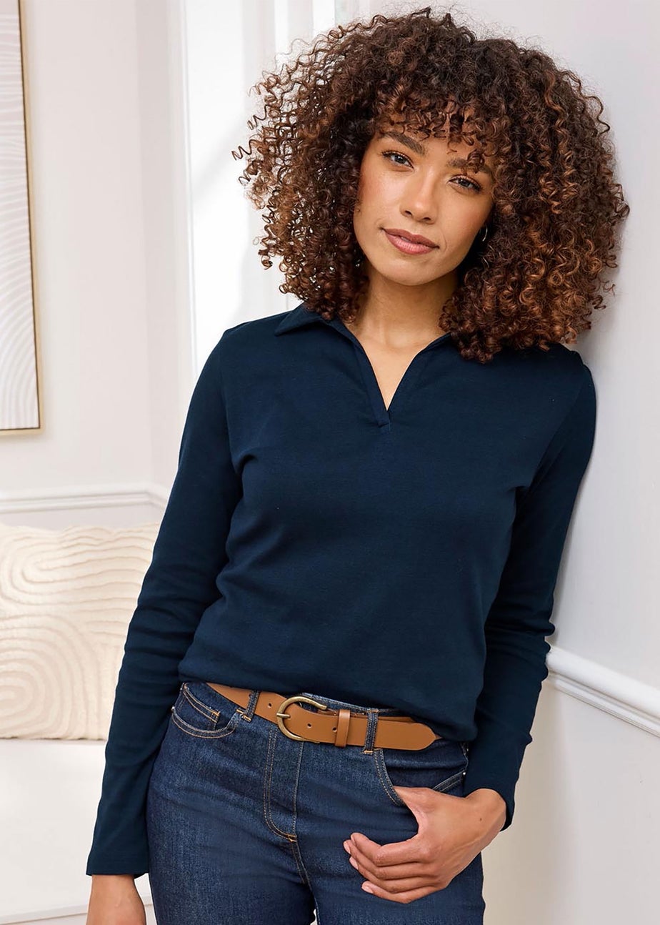 Cotton Traders Navy Wrinkle Free Long Sleeve Polo Top