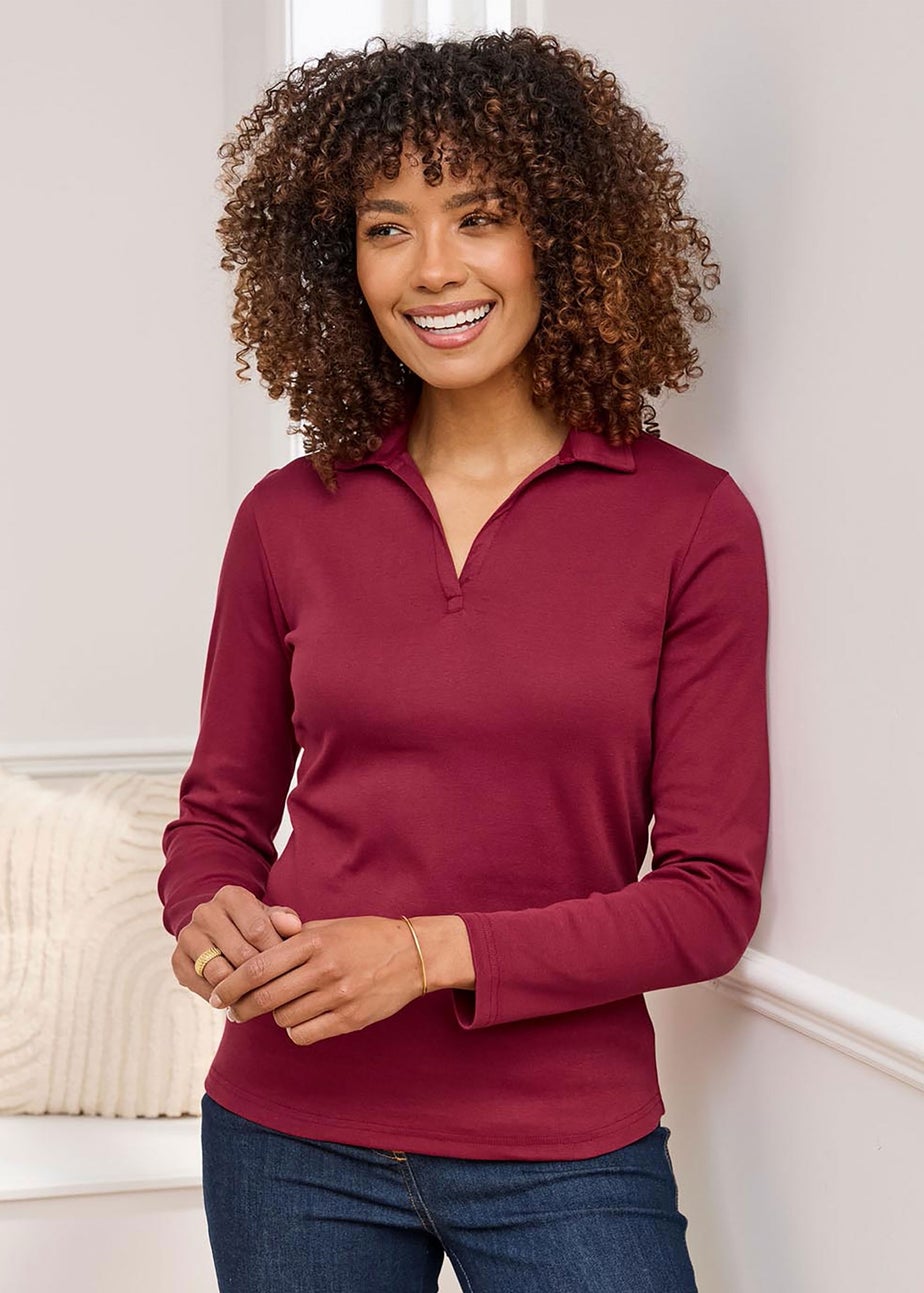 Cotton Traders Rusty Red Wrinkle Free Long Sleeve Polo Top