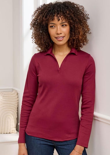Cotton Traders Rusty Red Wrinkle Free Long Sleeve Polo Top