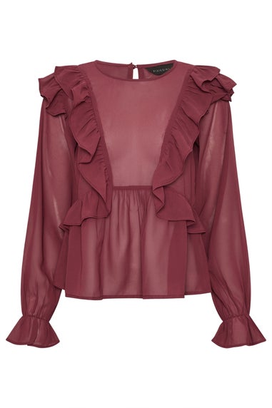 PixieGirl Petite Burgundy Red Frill Shoulder Chiffon Blouse