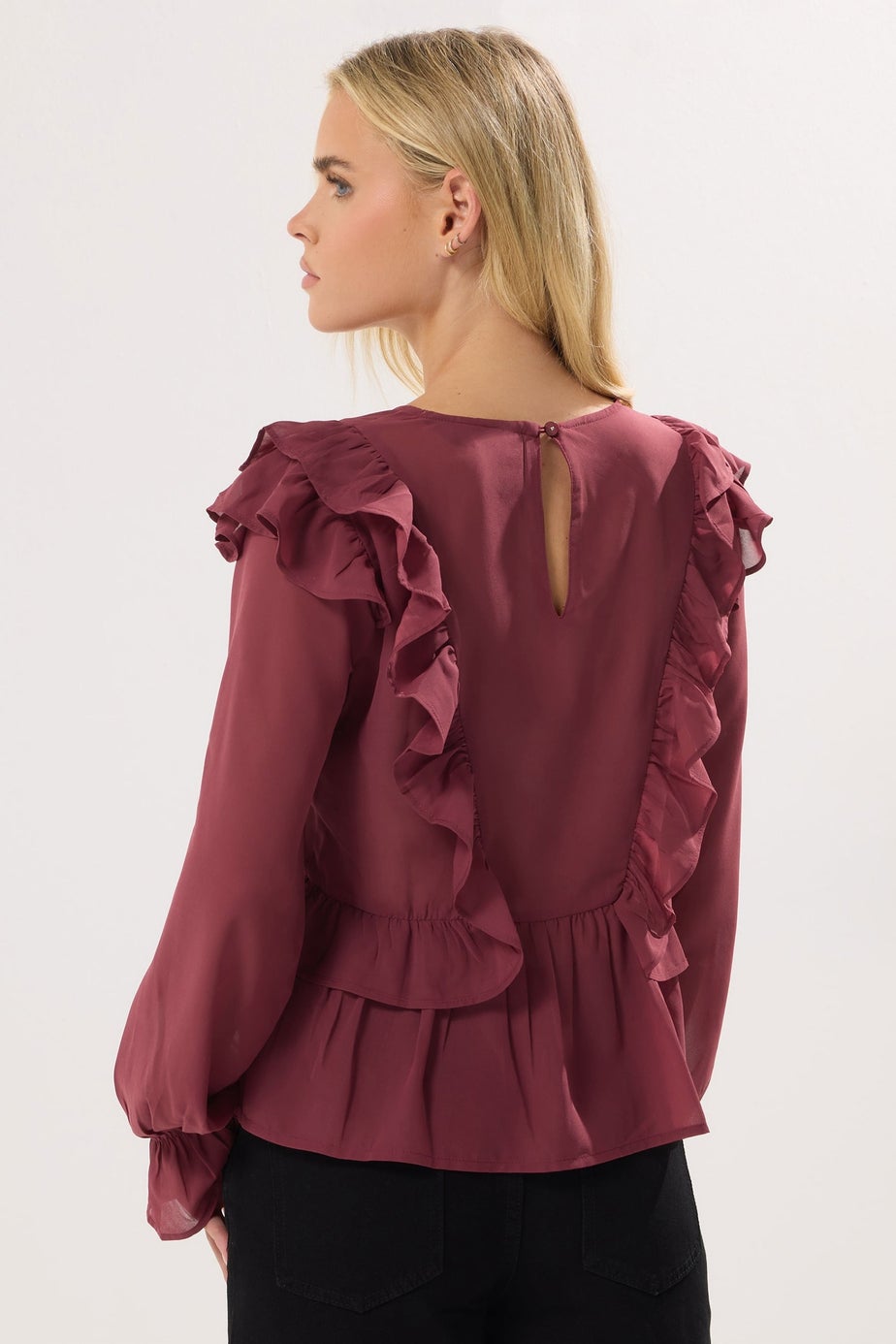 PixieGirl Petite Burgundy Red Frill Shoulder Chiffon Blouse