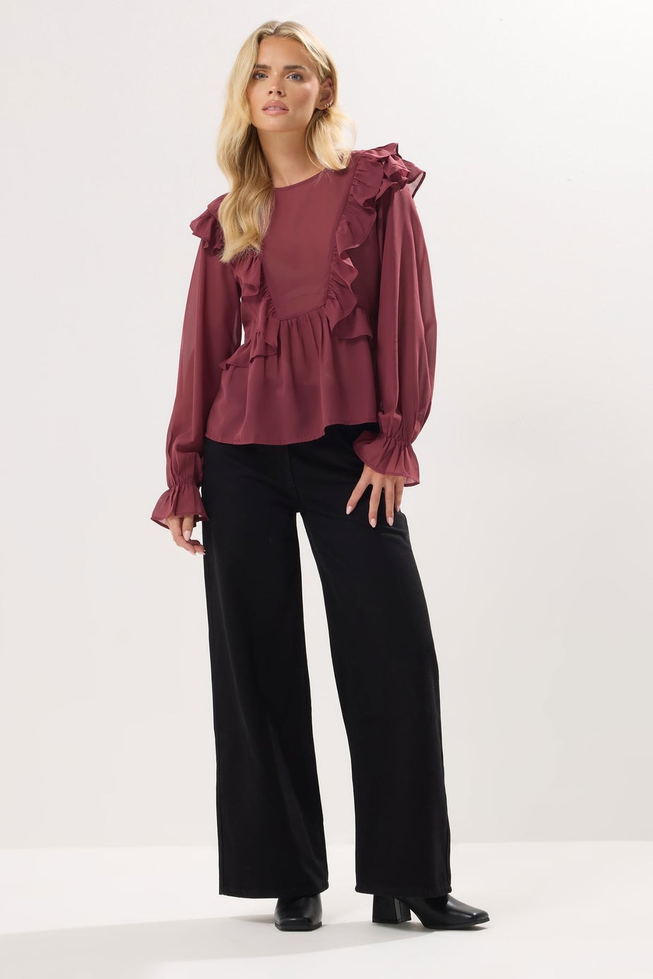 PixieGirl Petite Burgundy Red Frill Shoulder Chiffon Blouse