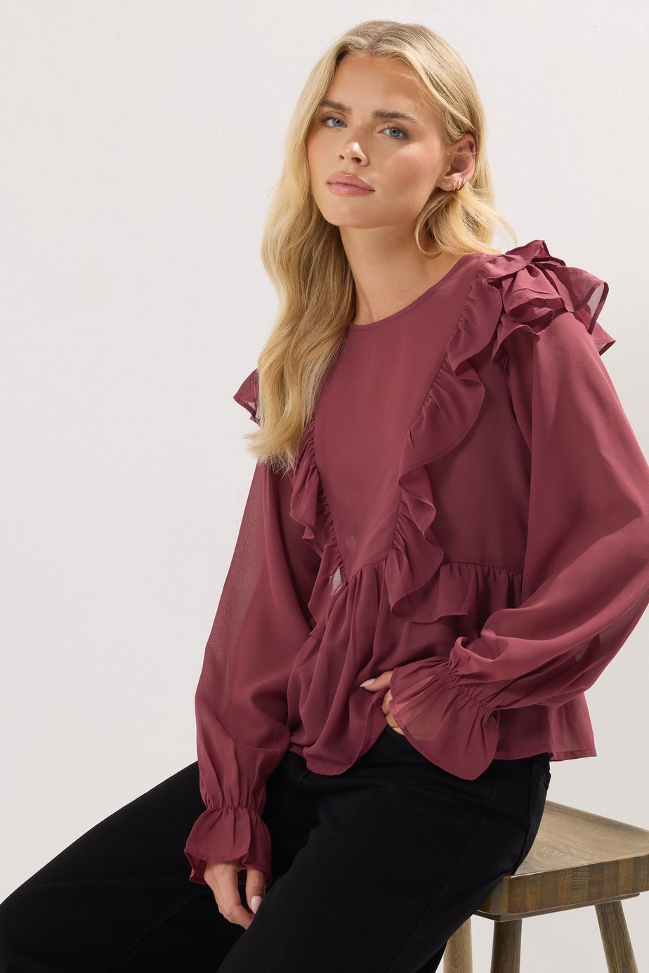 PixieGirl Petite Burgundy Red Frill Shoulder Chiffon Blouse