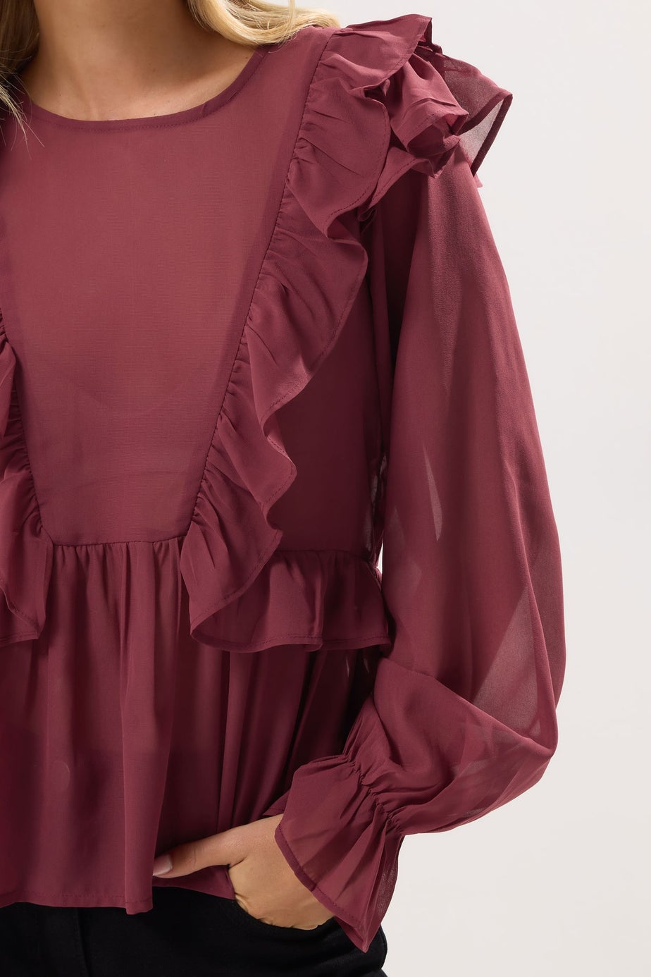 PixieGirl Petite Burgundy Red Frill Shoulder Chiffon Blouse