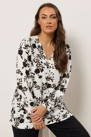 Evans Curve White Floral Stitch Detail Blouse