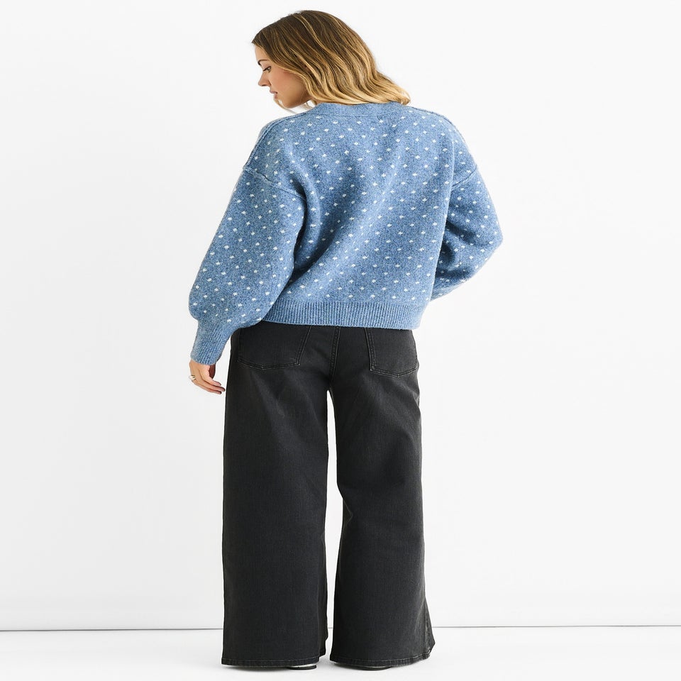 Gini London Denim Spot Print Button Cardigan Look Jumper