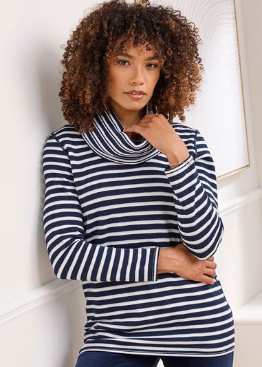 Cotton Traders Navy Reversible Long Sleeve Cowl Neck Jersey Top