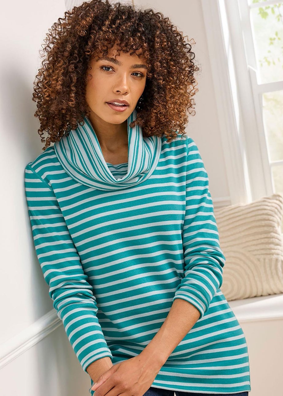Cotton Traders Light Jade Reversible Long Sleeve Cowl Neck Jersey Top