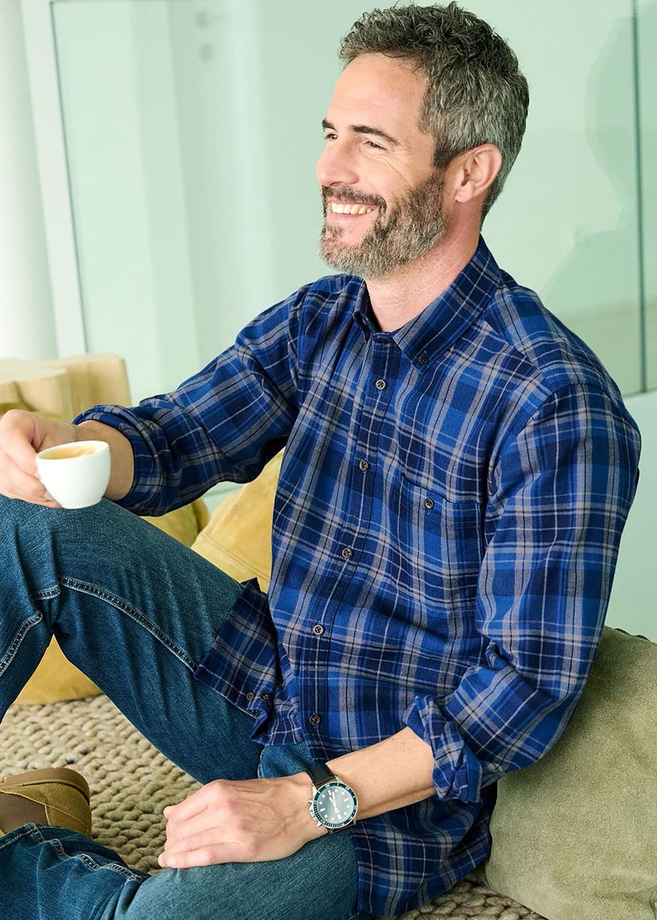 Cotton Traders Oxford Blue Flannel Check Shirt