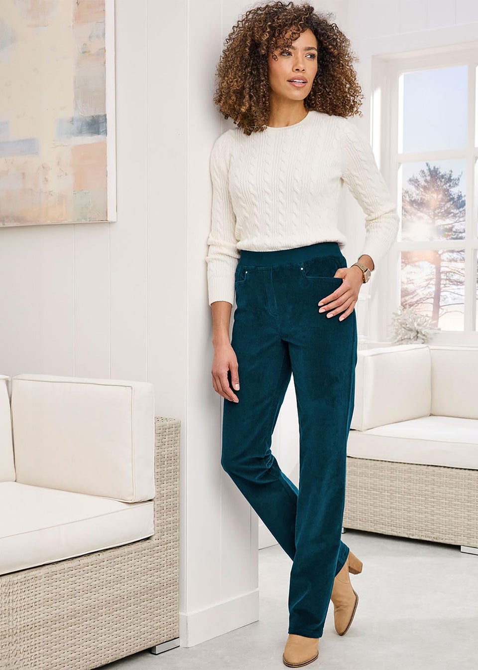 Cotton Traders Dark Peacock Premium Pull On Cord Trousers