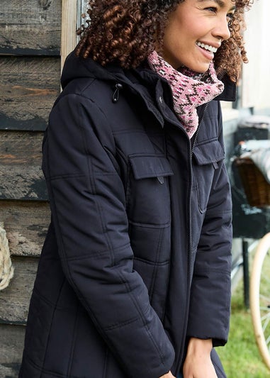 Cotton Traders Black Long Padded Hooded Coat