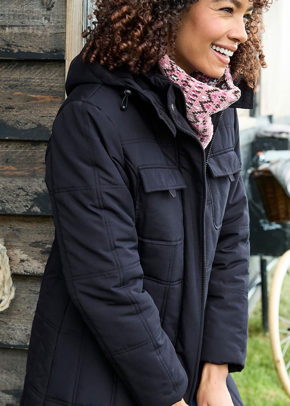 Cotton Traders Black Long Padded Hooded Coat