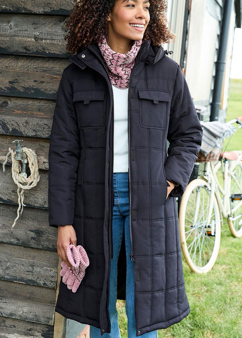 Cotton Traders Black Long Padded Hooded Coat