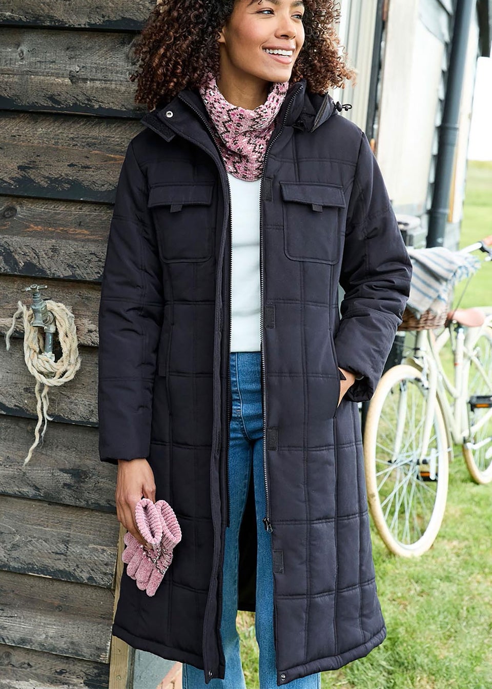 Cotton Traders Black Long Padded Hooded Coat