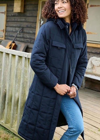 Cotton Traders Navy Long Padded Hooded Coat
