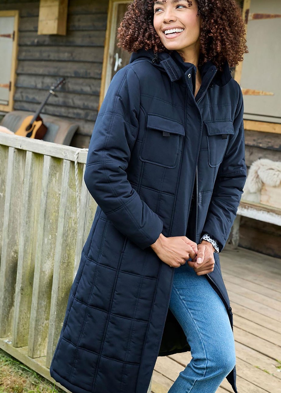 Cotton Traders Navy Long Padded Hooded Coat
