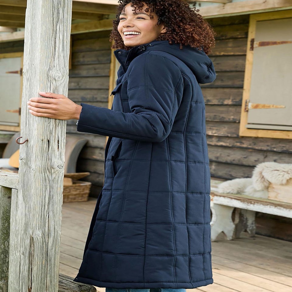 Cotton Traders Navy Long Padded Hooded Coat