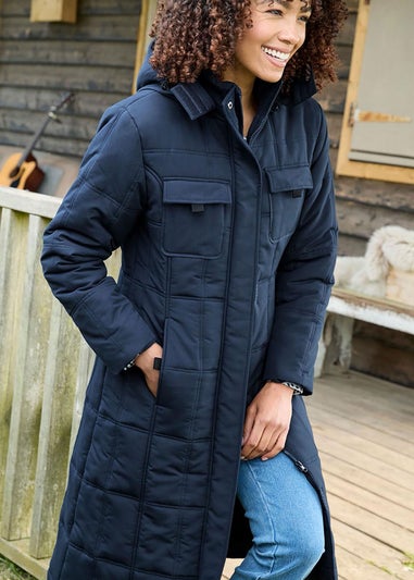 Cotton Traders Navy Long Padded Hooded Coat